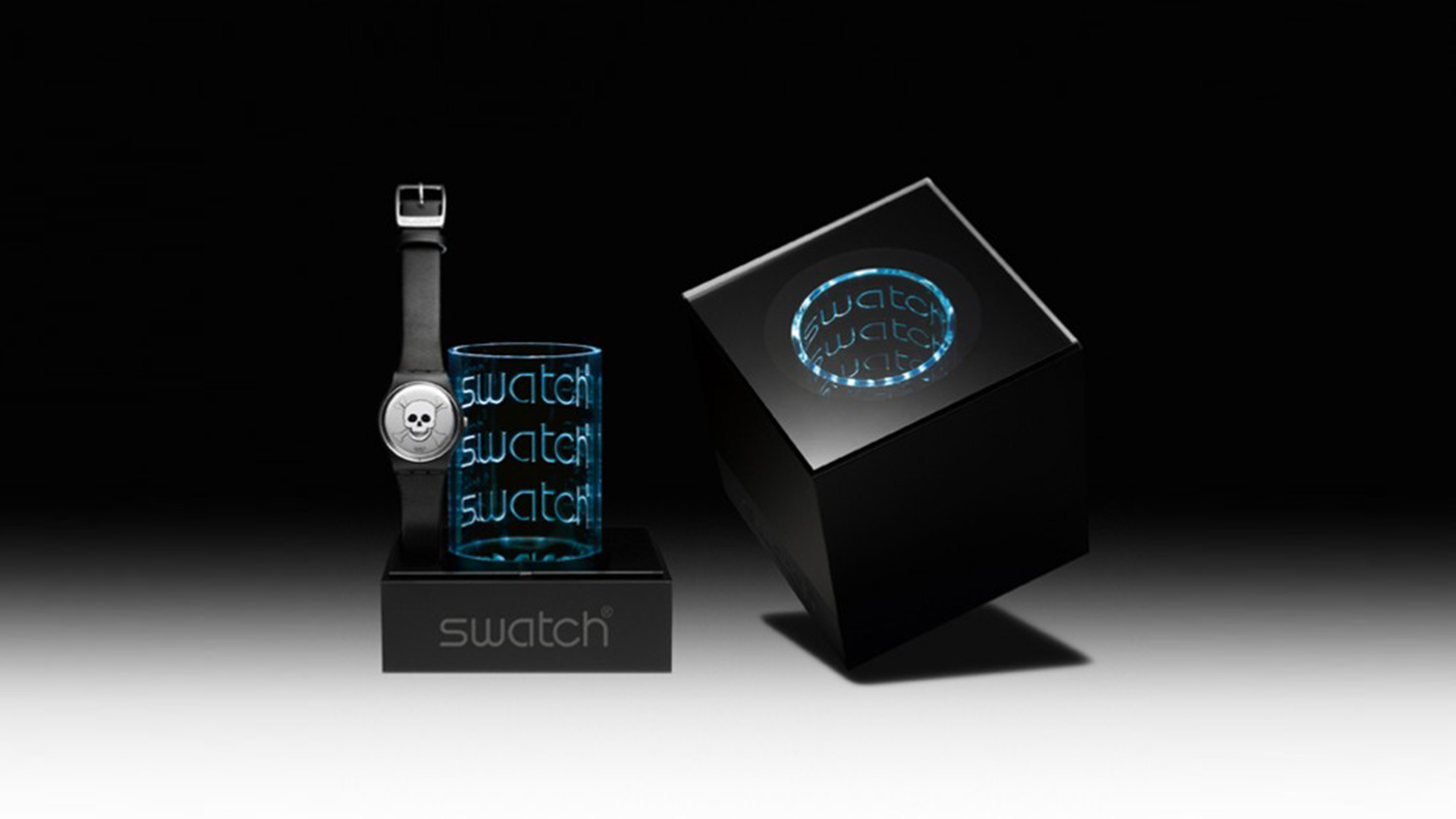 Dark product image with glowing blue artwork.